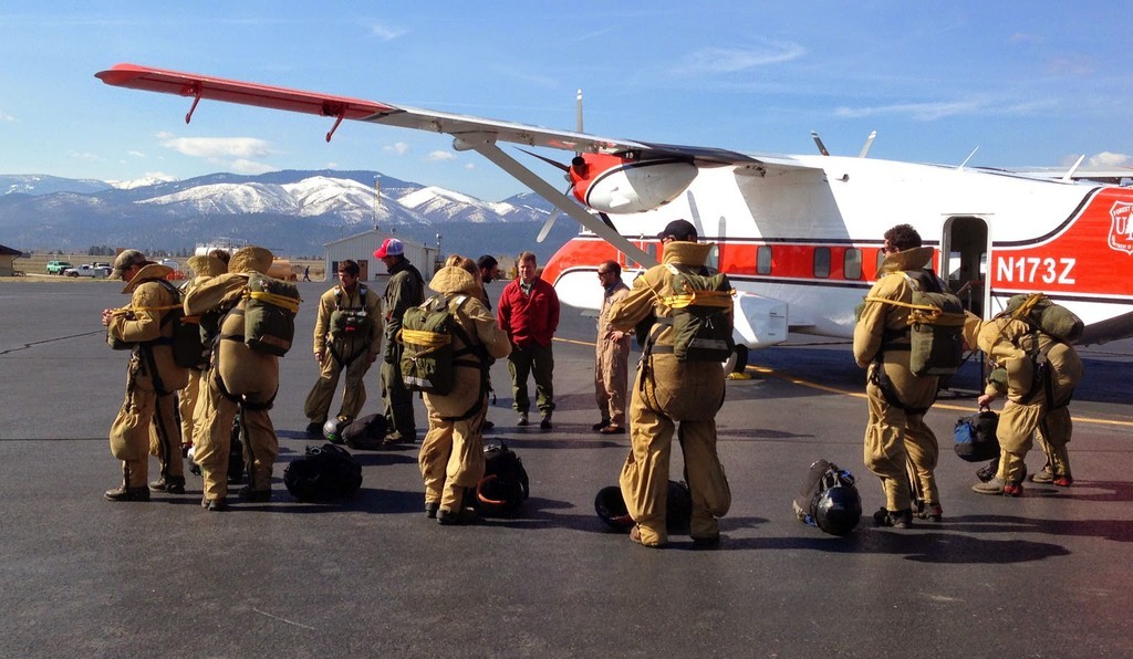 Fores Service smokejumpers in Missoula, Montana, training for the 2014 wildfire season.